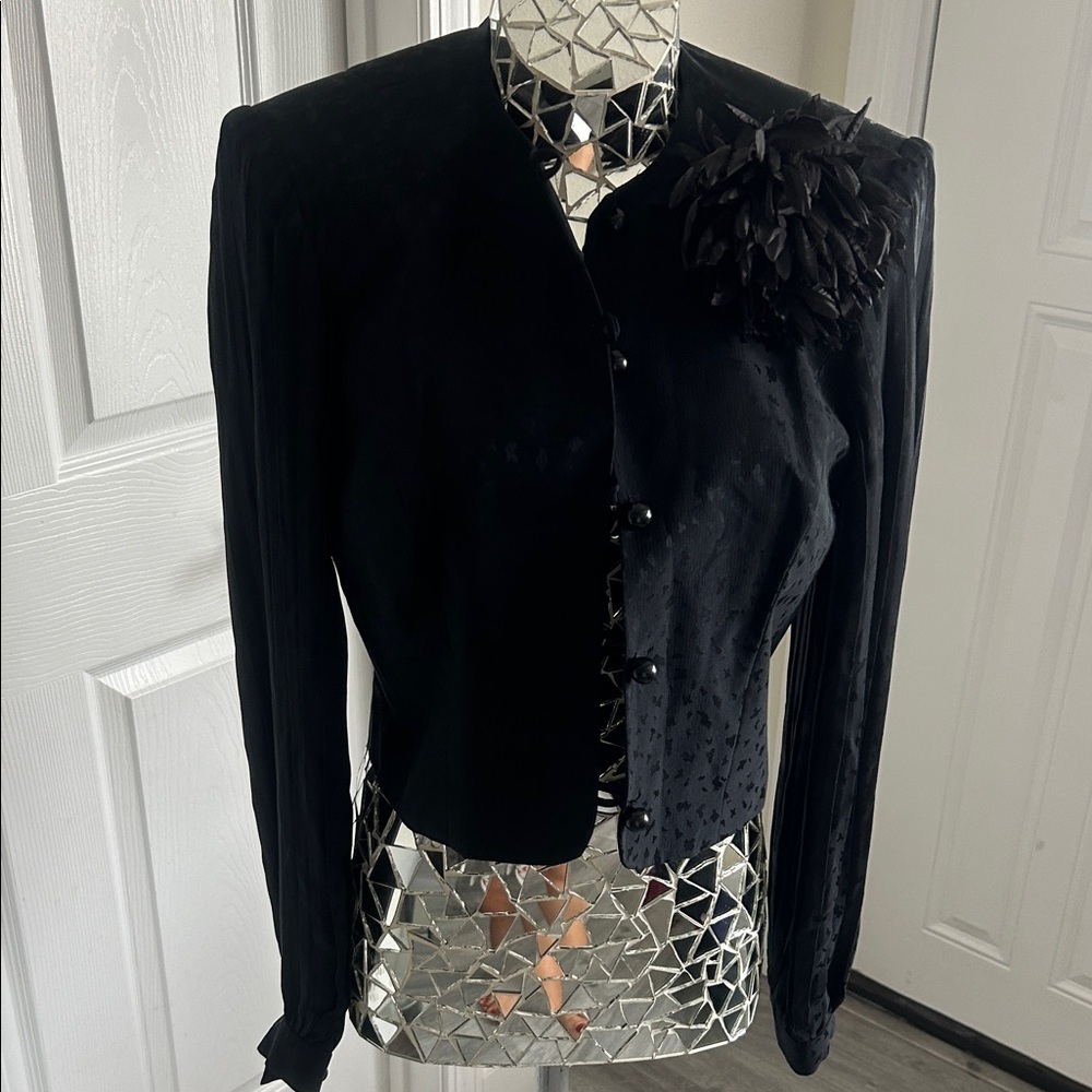 David Hayes Black Silk Women's Blazer with Leopard Print Floral Broach size 8